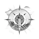 compass with mountains and lighthouse tattoo design idea