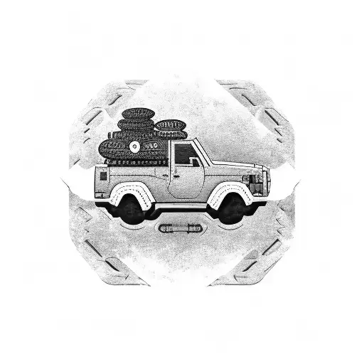 A black-grey tattoo depicting a powerful Jeep with intricate tire treads, surrounded by elements representing the client's occupation as a truck driver. A silhouette of a dog can be seen in the background, symbolizing their love for dogs. tattoo design idea