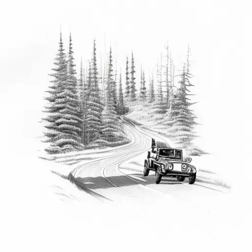 A sketch-style tattoo showcasing a Jeep driving on a winding road through the enchanting forests of Manitoba. The tattoo also includes a truck driver's hat and a dog paw print, representing the client's occupation and love for dogs. tattoo design idea