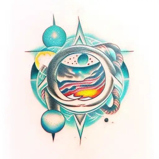 universe and nature and symbology in vertical form tattoo design idea