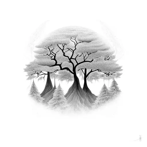 A black-grey tattoo of a mystical forest with hidden animals and plants, representing the mysteries of nature tattoo design idea