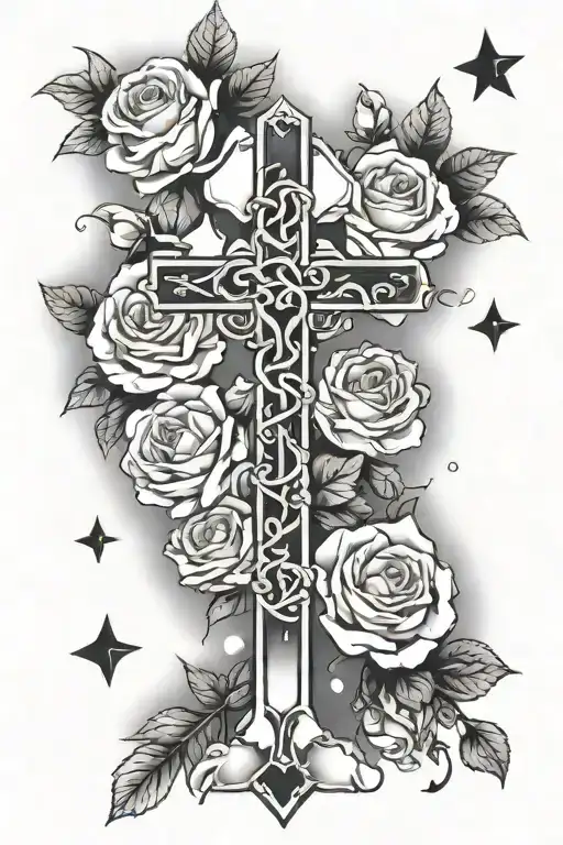 cross surrounded by clouds  with roses below cross tattoo design idea