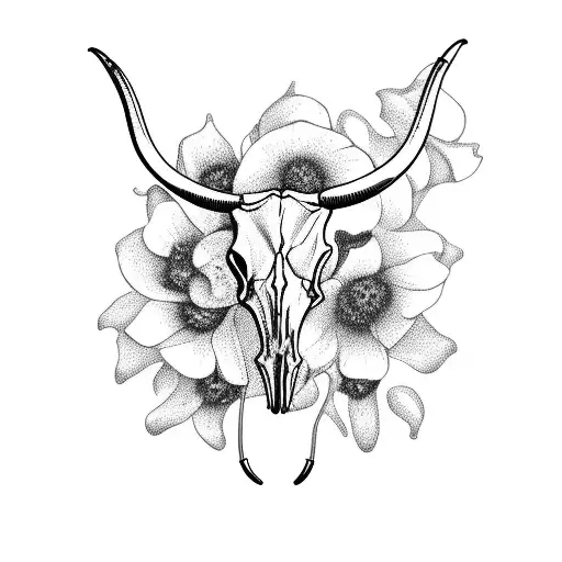 longhorn skull with flowers tattoo design idea