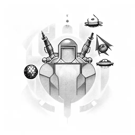 A fusion of classic board game symbols with sci-fi elements like space ships and robots, all set in a dark gothic background with hints of coffee steam, executed in a blackwork style tattoo design idea