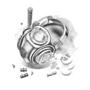 A combination of a steampunk wrench and a gaming headset, with coffee beans and strategy game pieces scattered around them tattoo design idea