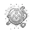 A combination of a steampunk wrench and a gaming headset, with coffee beans and strategy game pieces scattered around them tattoo design idea