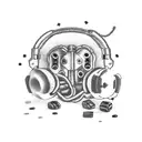 A combination of a steampunk wrench and a gaming headset, with coffee beans and strategy game pieces scattered around them tattoo design idea