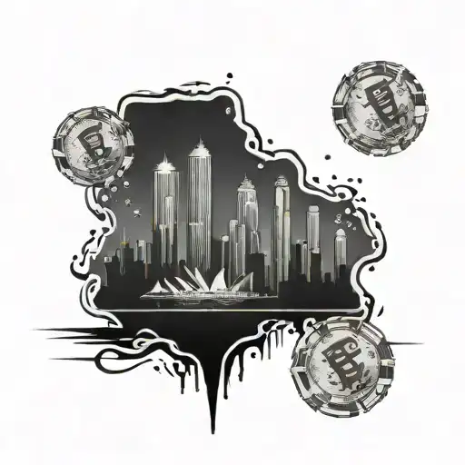 Miami skyline with money surrounding and diamonds tattoo design idea
