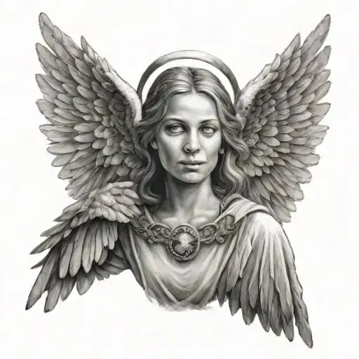 A realistic portrait of a loved one with angel wings and a halo, symbolizing family and faith tattoo design idea