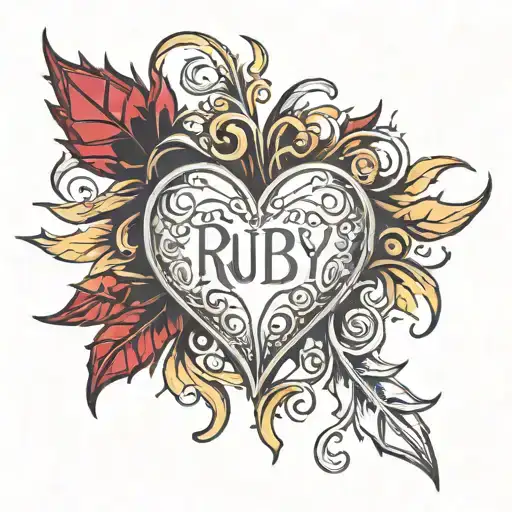 Crystal Deep Red Heart, The word "RUBY' in gold underneath, intricate silver thorns twisting around tattoo design idea