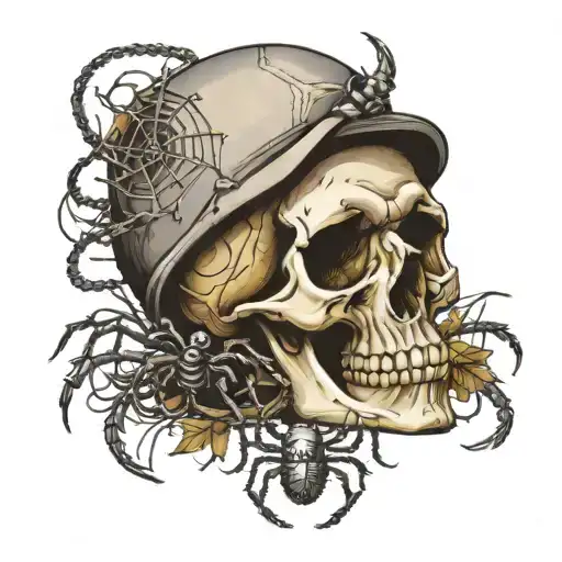 colored drawing of a skull and a spider for the neck tattoo design idea
