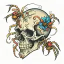 colored drawing of a skull and a spider for the neck tattoo design idea