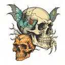 colored drawing of a skull and a spider for the neck tattoo design idea