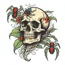 colored drawing of a skull and a spider for the neck tattoo design idea