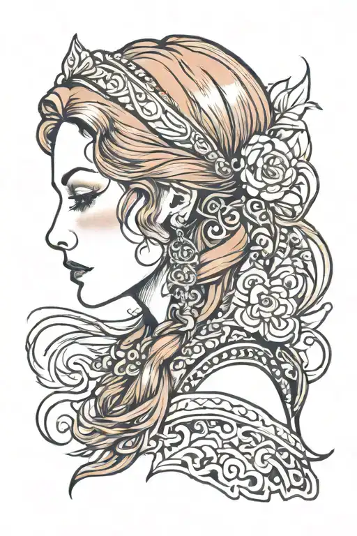 red head tattooed gypsy girl side profile tattoo design idea