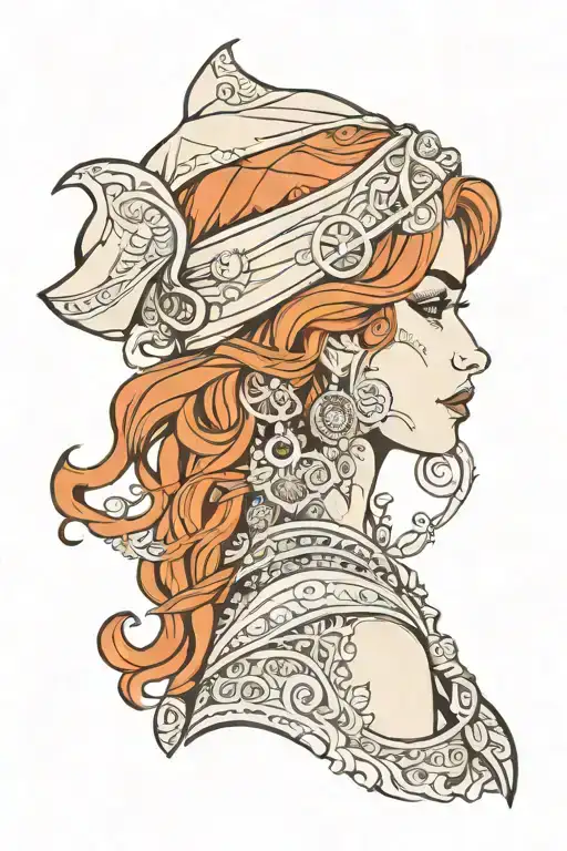red head tattooed gypsy girl side profile tattoo design idea