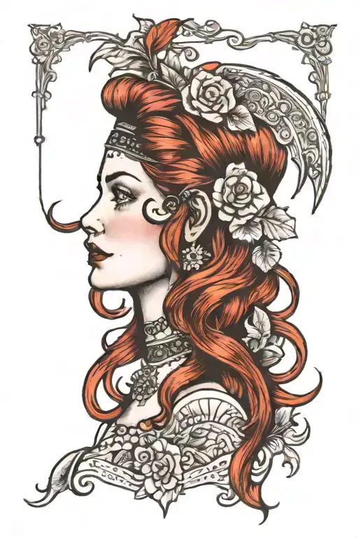 red head tattooed gypsy girl side profile tattoo design idea