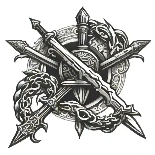 A detailed black tattoo with two intertwined swords and a mace in the center. No background tattoo design idea