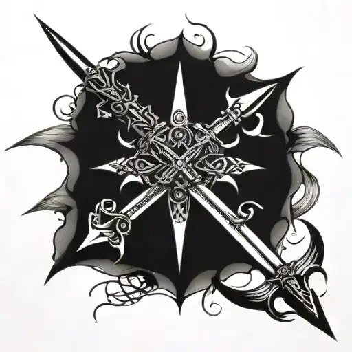 Detailed black tattoo with intertwined two swords and a six-feather in the center tattoo design idea