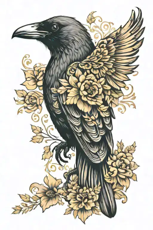 Realistic crow with gold floral pattern throughout the wings. tattoo design idea