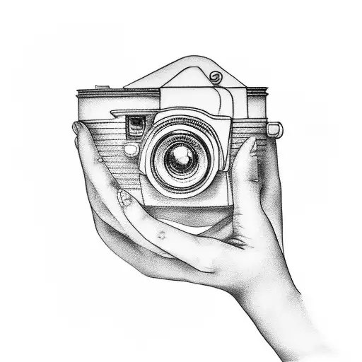 A minimalist tattoo of a child's hand holding a vintage camera, representing the beauty of capturing family moments tattoo design idea