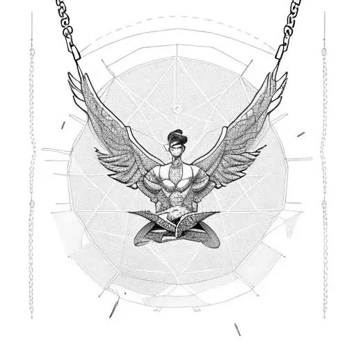 Icarus mid flight with chains holding him down. Below, illustrate the vast ocean. show a few feathers falling tattoo design idea