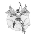 Icarus mid flight with chains holding him down. Below, illustrate the vast ocean. show a few feathers falling tattoo design idea