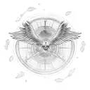 Icarus mid flight with chains holding him down. Below, illustrate the vast ocean. show a few feathers falling tattoo design idea