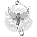 Icarus mid flight with chains holding him down. Below, illustrate the vast ocean. show a few feathers falling tattoo design idea