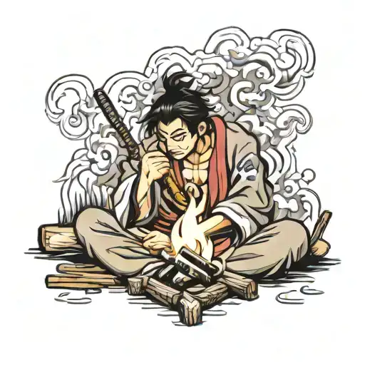 Miyamoto Mushashi praying next to a campfire tattoo design idea