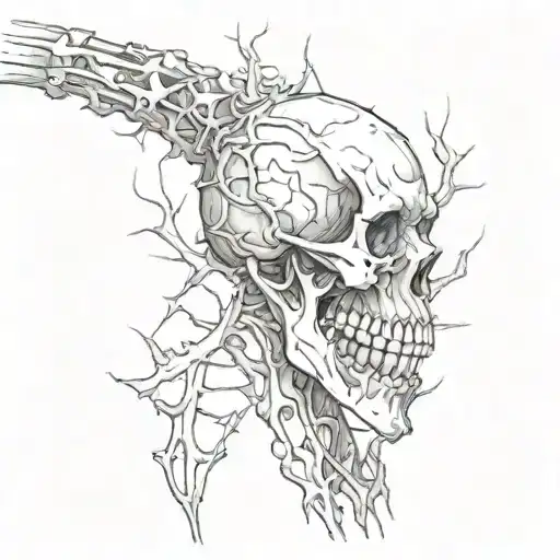 skeleton arm going down the spine with thorns wrapped around tattoo design idea