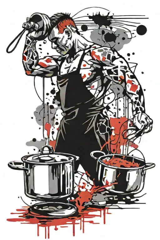 athletic cook doing strength training with pots and pans in the kitchen tattoo design idea