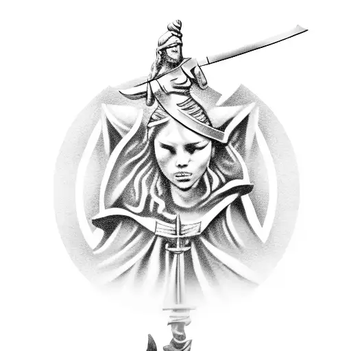 A blindfolded Lady Justice holding a sword and a book, representing fairness and knowledge in law tattoo design idea