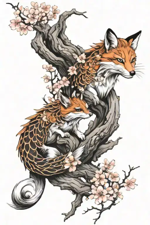 Geisha cherry blossom tree koi fish swimming kitsune fox  tattoo design idea