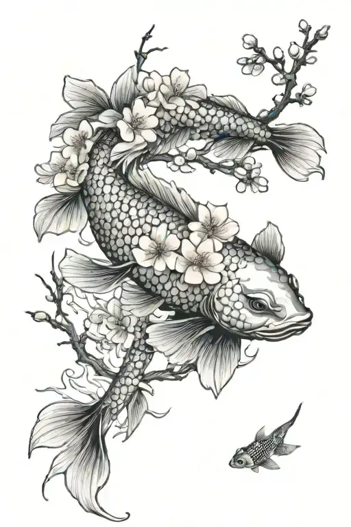 Geisha cherry blossom tree koi fish swimming   tattoo design idea