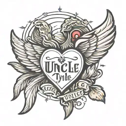 heart with halo and wings with the word 'uncle tylie' tattoo design idea