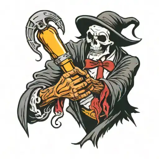 grim reaper and a liquor bottle shaking hands tattoo design idea