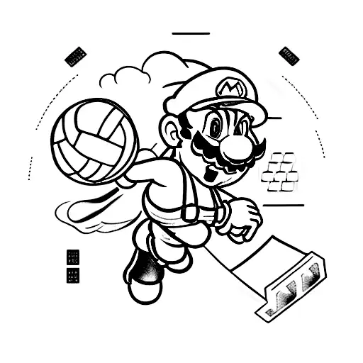 Super Mario characters playing volleyball on a piano keyboard, combining the client's favorite things. tattoo design idea