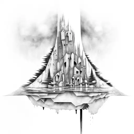 ruined upside down buildings transitioning to a forrest right side up tattoo design idea