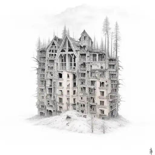 decrepit buildings upside down, transitioning to a forrest right side up tattoo design idea