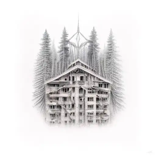 decrepit buildings transitioning to a forrest tattoo design idea