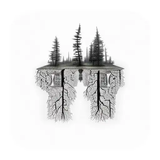 ruined upside down buildings transitioning to a forrest right side up tattoo design idea