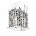 decrepit buildings upside down, transitioning to a forrest right side up tattoo design idea