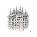 decrepit buildings upside down, transitioning to a forrest right side up tattoo design idea