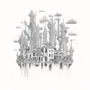 decrepit buildings upside down, transitioning to a forrest right side up tattoo design idea