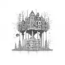 decrepit buildings upside down, transitioning to a forrest right side up tattoo design idea