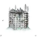 decrepit buildings upside down, transitioning to a forrest right side up tattoo design idea