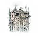 decrepit buildings upside down, transitioning to a forrest right side up tattoo design idea