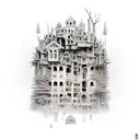 decrepit buildings upside down, transitioning to a forrest right side up tattoo design idea