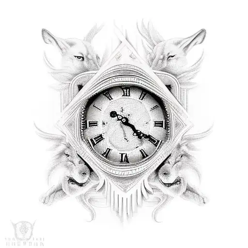 Clock with Roman numerals and wolf tattoo design idea